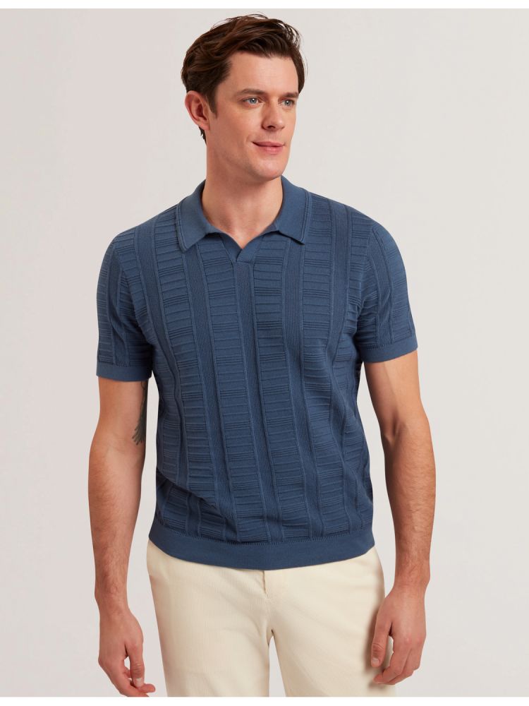 Ted Baker Ruzza - Textured Stripe Open Neck Knitted Polo Shirt Bleu | 105248-MVY