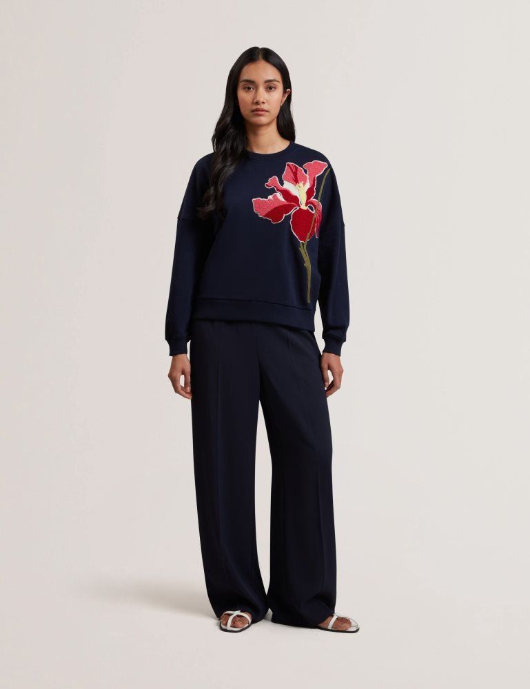 Ted Baker Sanderr - Tufted Floral Graphic Cotton Sweatshirt Bleu Marine | 837506-QTH