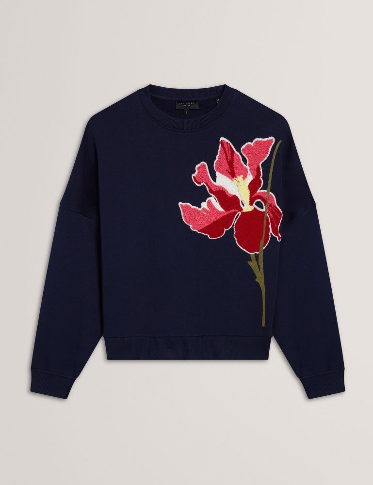 Ted Baker Sanderr - Tufted Floral Graphic Cotton Sweatshirt Bleu Marine | 837506-QTH