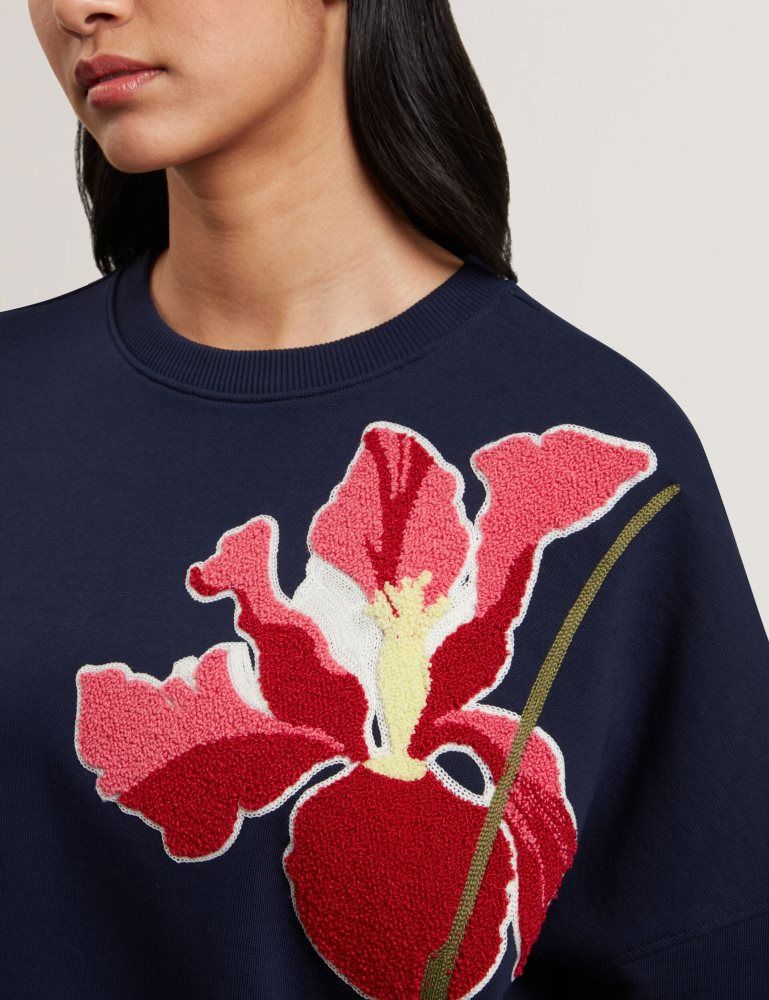 Ted Baker Sanderr - Tufted Floral Graphic Cotton Sweatshirt Bleu Marine | 837506-QTH