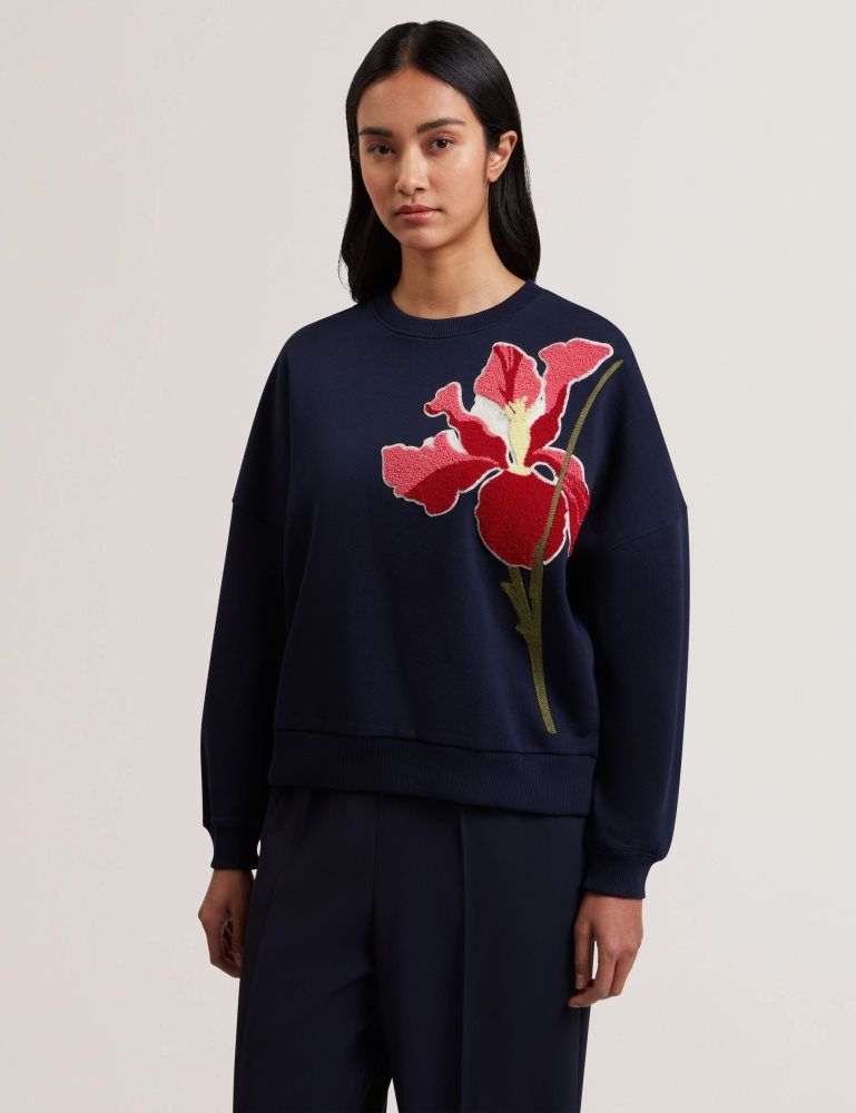 Ted Baker Sanderr - Tufted Floral Graphic Cotton Sweatshirt Bleu Marine | 837506-QTH