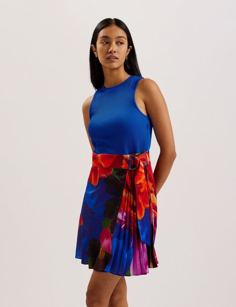 Ted Baker Sandiyy - Printed Pleated Mini Dress With Knit Bodice Bleu | 032196-JDH