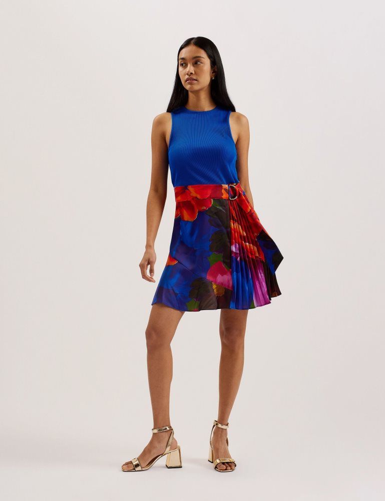 Ted Baker Sandiyy - Printed Pleated Mini Dress With Knit Bodice Bleu | 032196-JDH