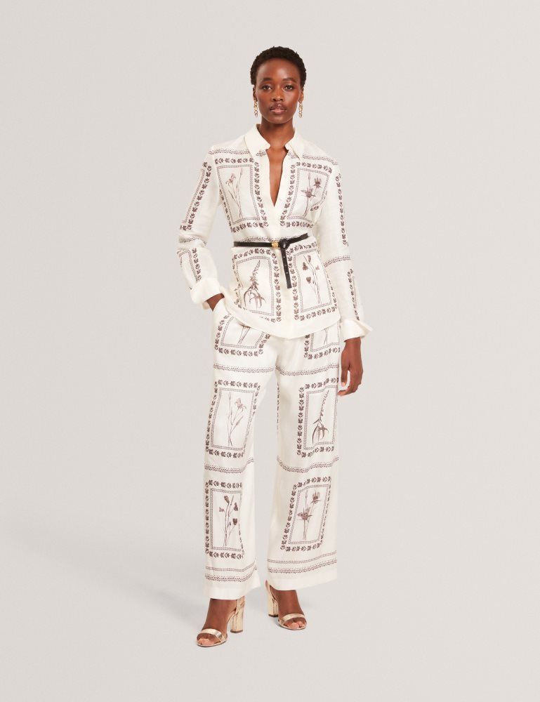 Ted Baker Simcoa - Panel Print Silk Linen Longline Shirt Blanche | 589037-BMX