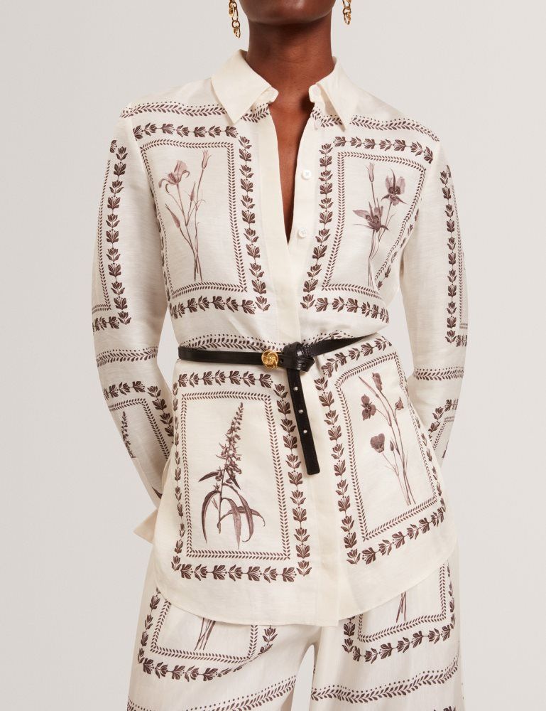 Ted Baker Simcoa - Panel Print Silk Linen Longline Shirt Blanche | 589037-BMX