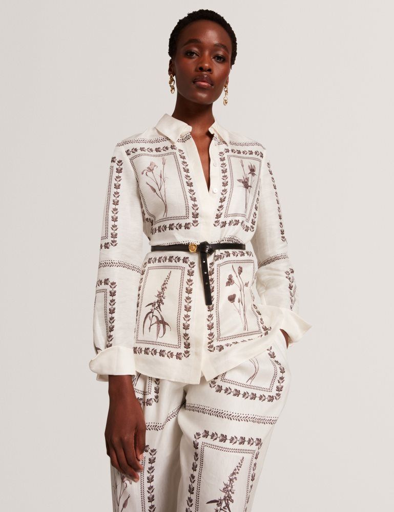 Ted Baker Simcoa - Panel Print Silk Linen Longline Shirt Blanche | 589037-BMX