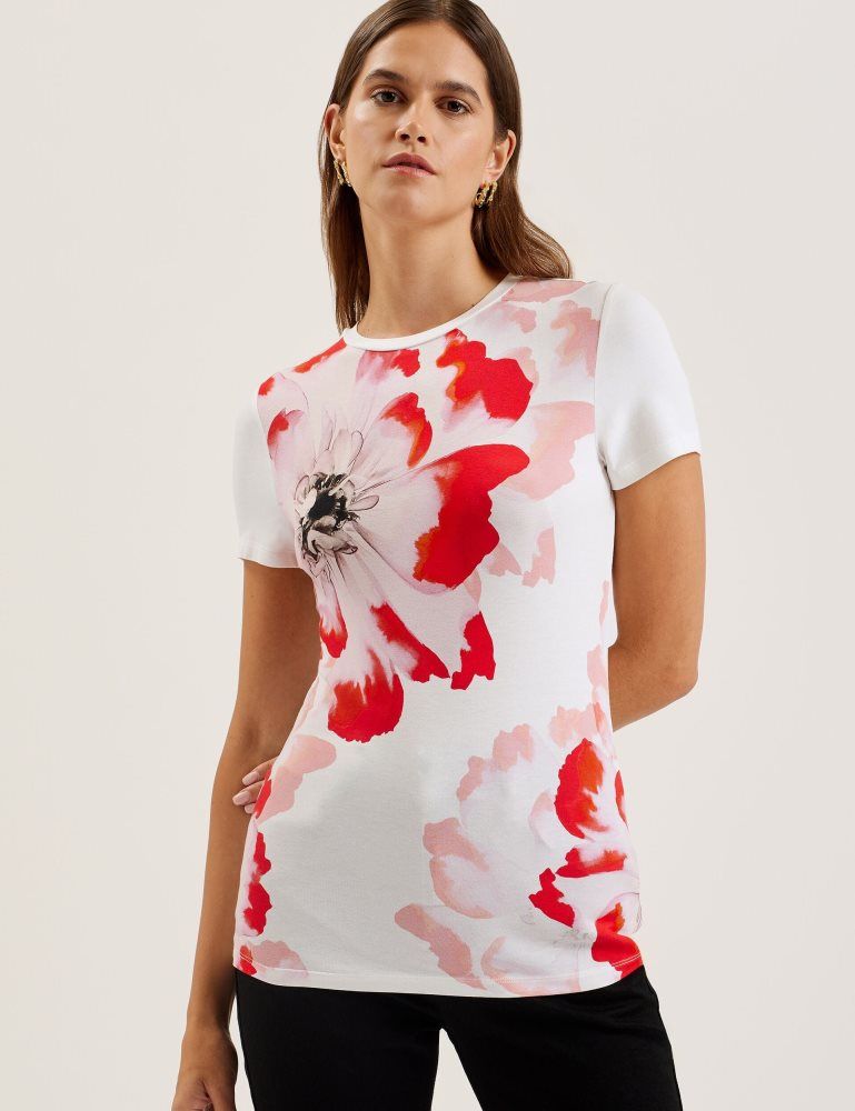 Ted Baker Sindhaa - Floral Print Fitted Short Sleeve T-shirt Blanche | 395617-NHM