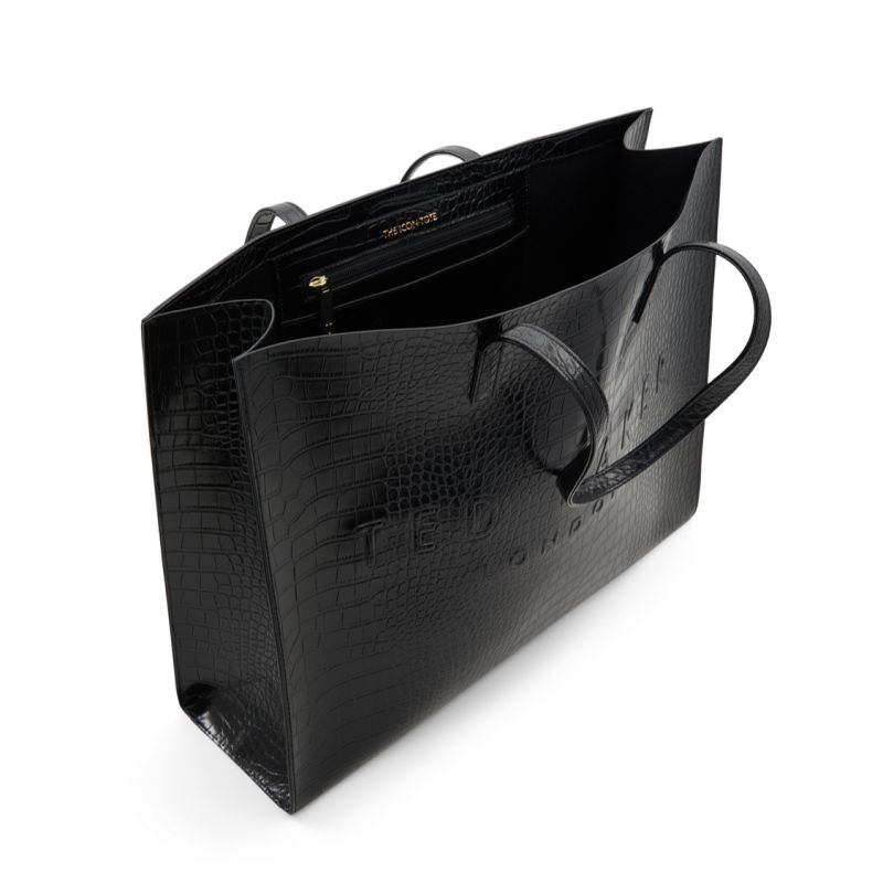 Ted Baker Sukicon - Croc Faux Leather Wide Icon Tote Bag Noir Blanche | 743509-FPL