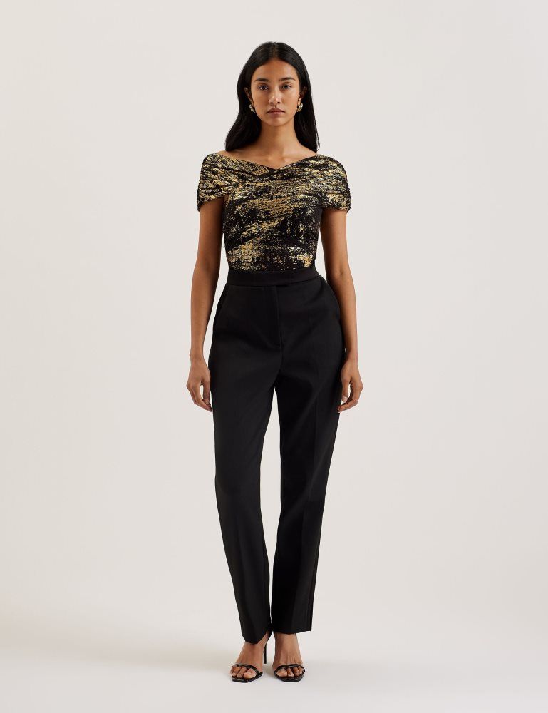 Ted Baker Talular - Bardot Foil Printed Mesh Top Noir | 176023-KXS