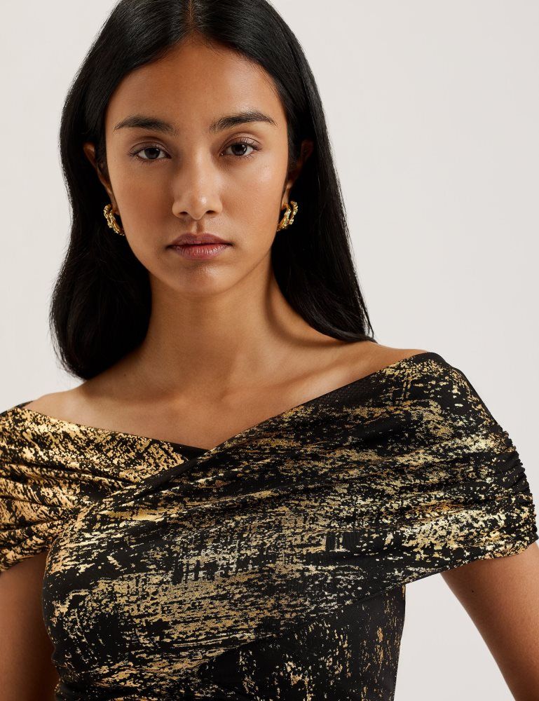 Ted Baker Talular - Bardot Foil Printed Mesh Top Noir | 176023-KXS