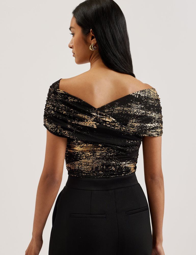 Ted Baker Talular - Bardot Foil Printed Mesh Top Noir | 176023-KXS