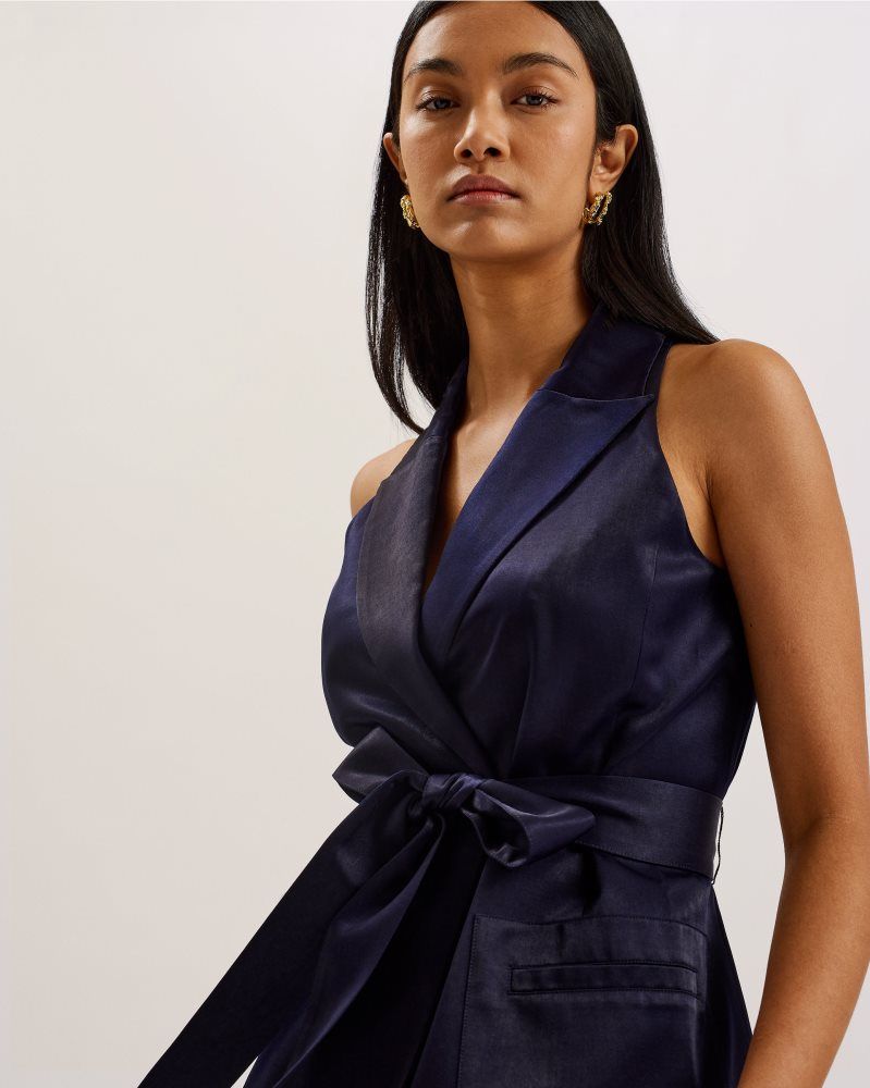 Ted Baker Teeru - Tailored Satin Longline Vest With Belt Bleu Marine | 452089-CGL