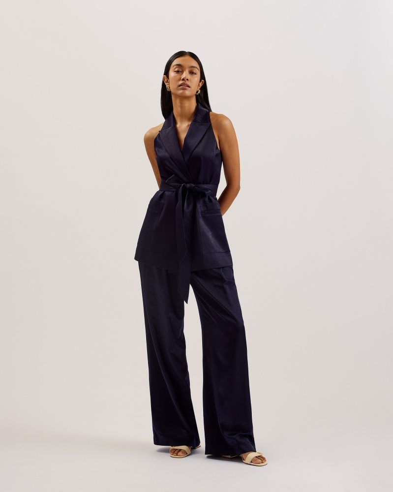 Ted Baker Teeru - Tailored Satin Longline Vest With Belt Bleu Marine | 452089-CGL