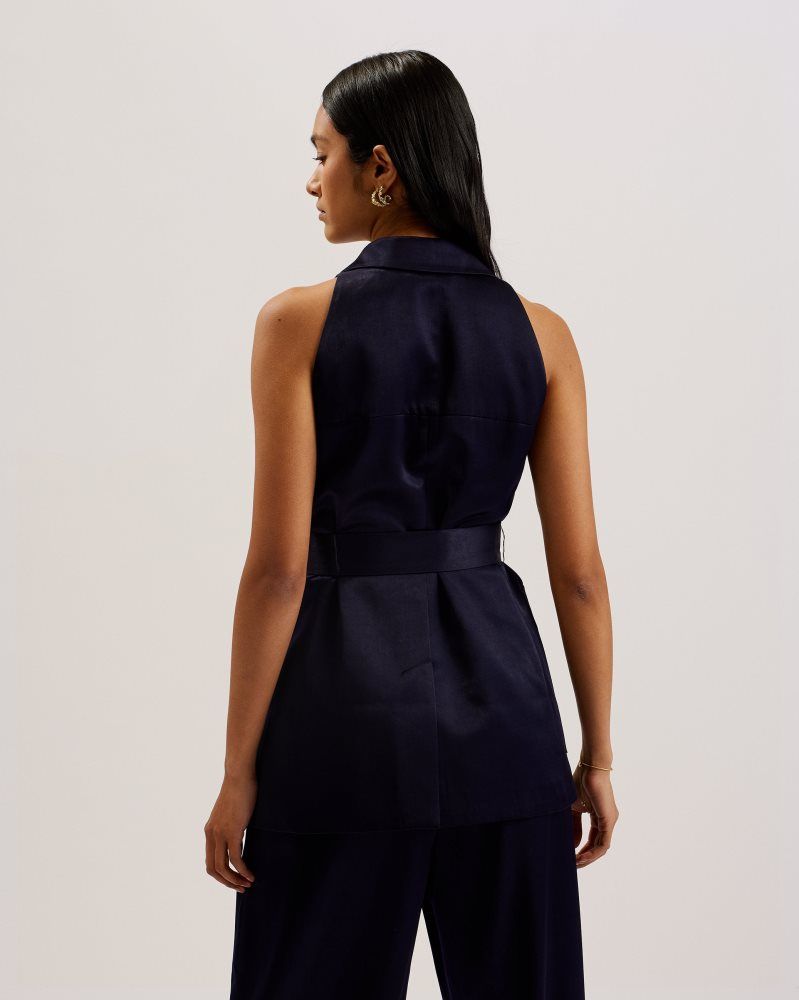 Ted Baker Teeru - Tailored Satin Longline Vest With Belt Bleu Marine | 452089-CGL