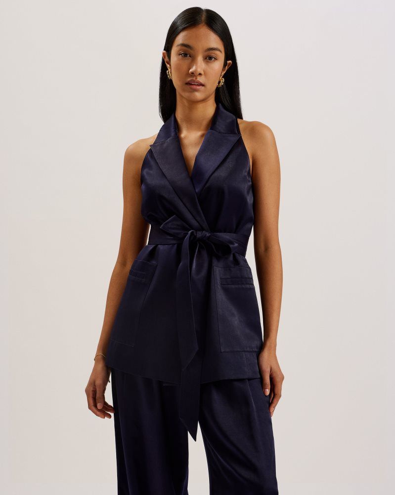 Ted Baker Teeru - Tailored Satin Longline Vest With Belt Bleu Marine | 452089-CGL