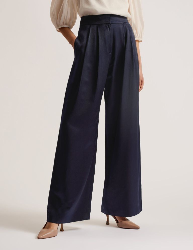 Ted Baker Teerut - Satin Tailored Wide Flood Length Trousers Bleu Marine | 501963-JHD