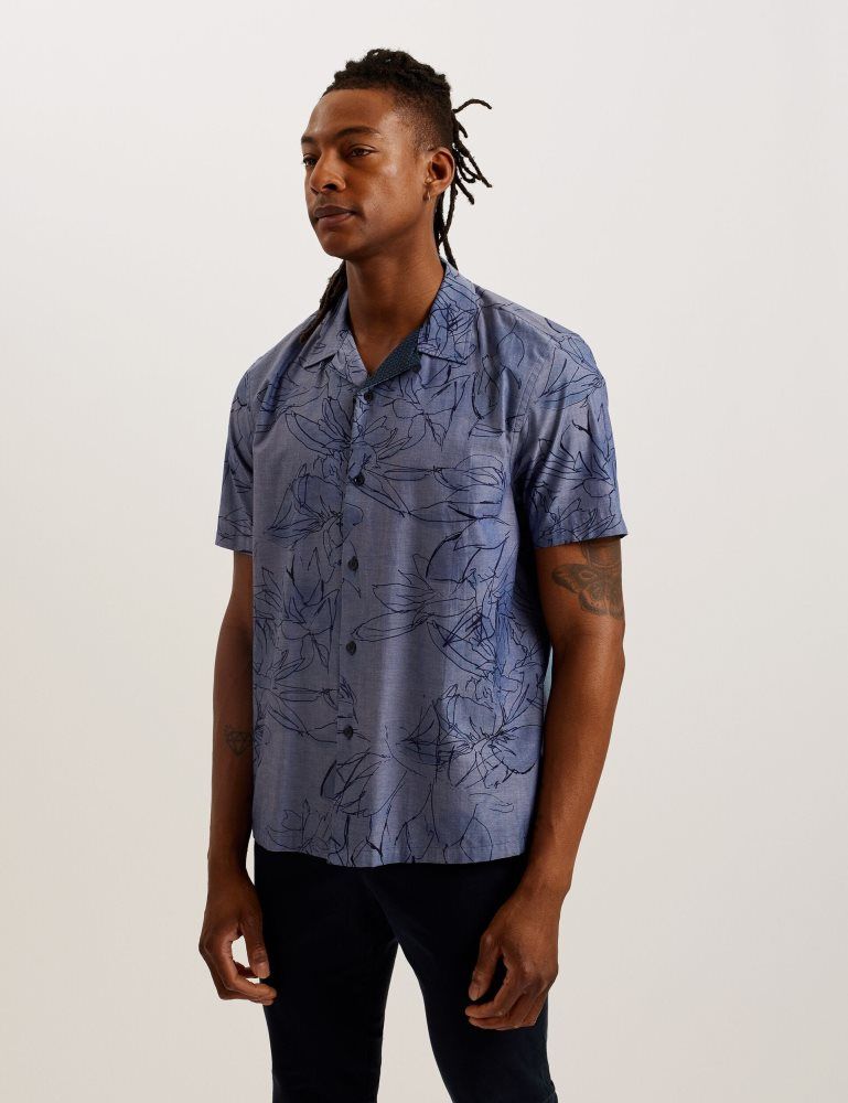 Ted Baker Terroni - Short Sleeve Floral Chambray Cotton Shirt Bleu | 459017-EAG