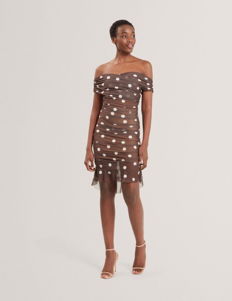 Ted Baker Tildahh - Off-shoulder Polka Dot Mesh Mini Dress Marron | 364152-JEG