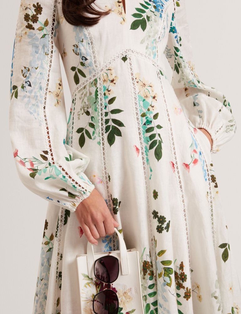 Ted Baker Utala - Floral Crochet Trim Linen Midi Dress Blanche | 084259-MNX