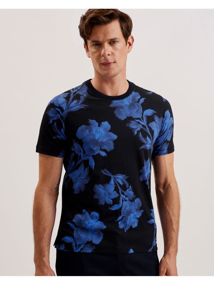 Ted Baker Vendis - Contrast Floral Print Cotton T-shirt Bleu Marine | 631509-UPY
