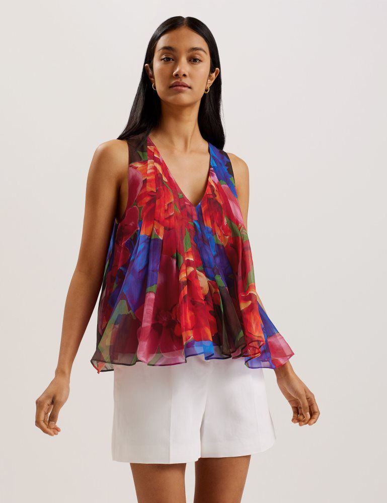 Ted Baker Vernoge - Organza Tropical Bloom V-neck Pleated Top Multicolore | 713460-VUT