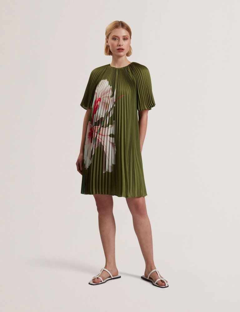 Ted Baker Vinlaa - Floral Graphic Pleated Satin Mini Dress Vert | 270859-VLE