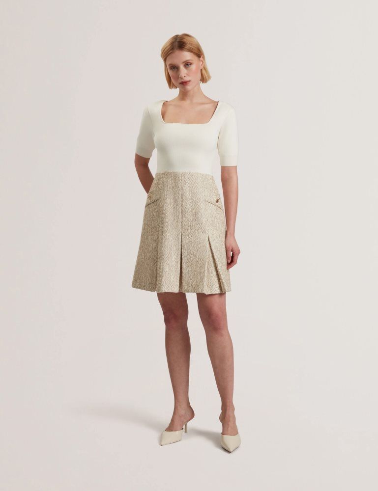 Ted Baker Vulpad - Pleated Boucle Mini Dress With Knit Bodice Blanche | 016275-HTX