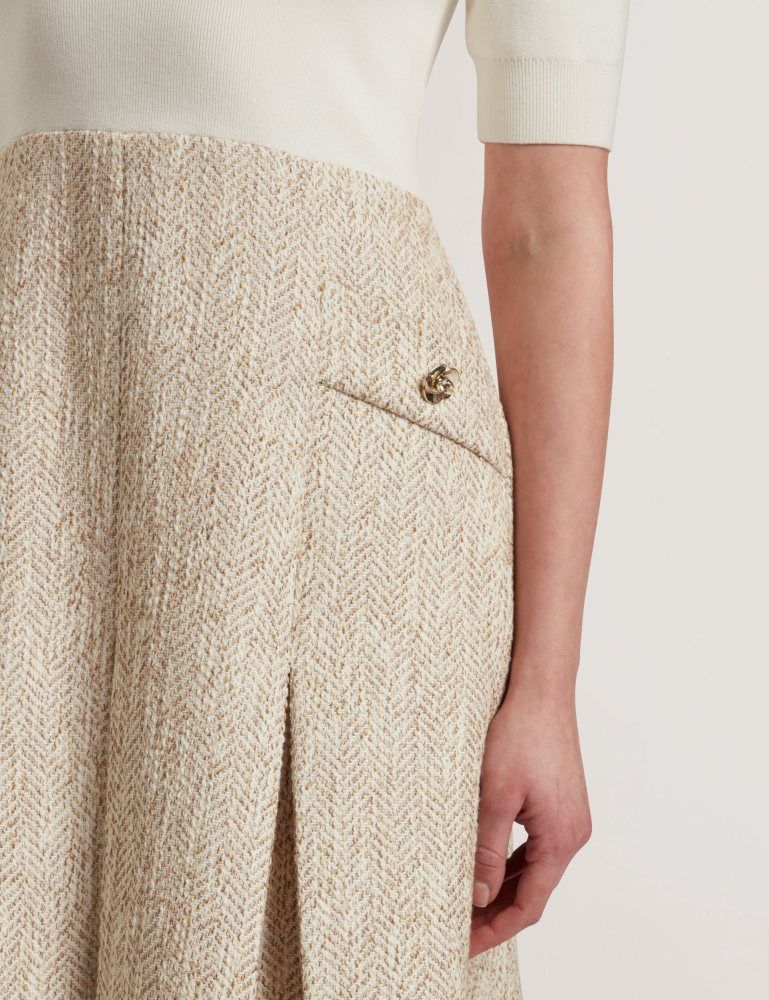 Ted Baker Vulpad - Pleated Boucle Mini Dress With Knit Bodice Blanche | 871502-LXM
