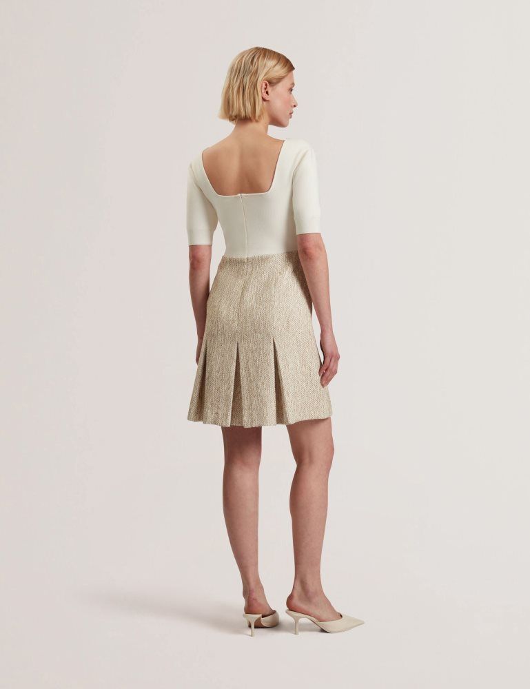 Ted Baker Vulpad - Pleated Boucle Mini Dress With Knit Bodice Blanche | 871502-LXM