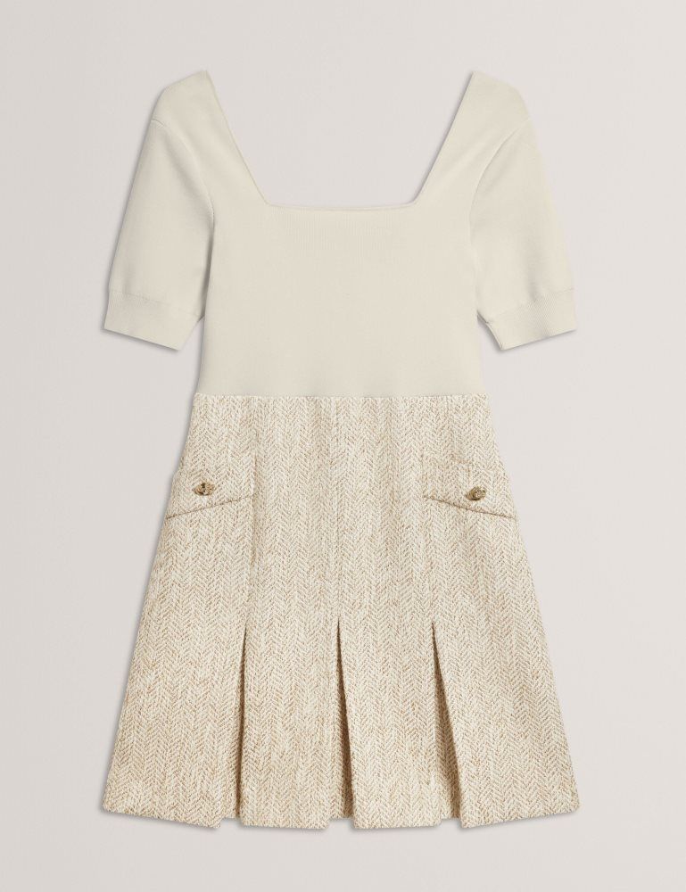 Ted Baker Vulpad - Pleated Boucle Mini Dress With Knit Bodice Blanche | 871502-LXM