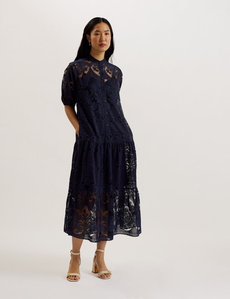 Ted Baker Xativa - Lace Puff Sleeve Midi Shift Dress Bleu | 053267-KJW