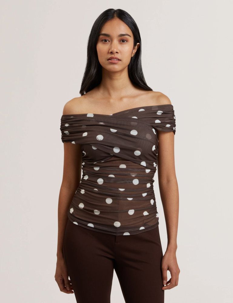 Ted Baker Zaamo - Off-the-shoulder Polka Dot Mesh Top Marron | 564378-DUL