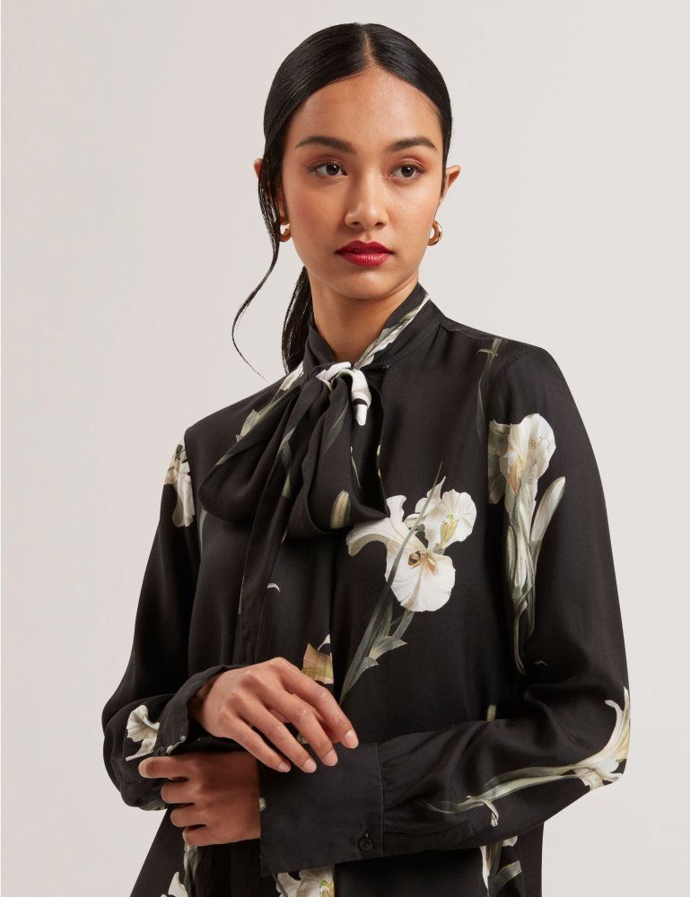 Ted Baker Zakiier - Tie Neck Floral Print Long Sleeve Blouse Noir | 103425-NUB