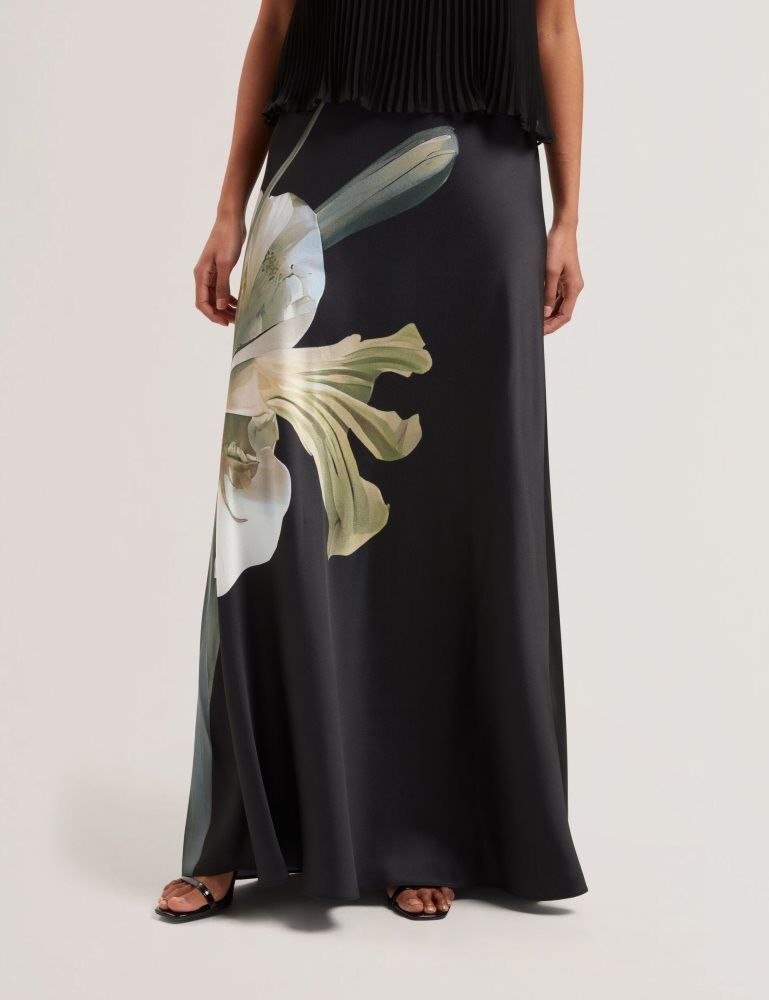 Ted Baker Zionna - Floral Print Detail Satin Maxi Skirt Noir | 157342-KIP