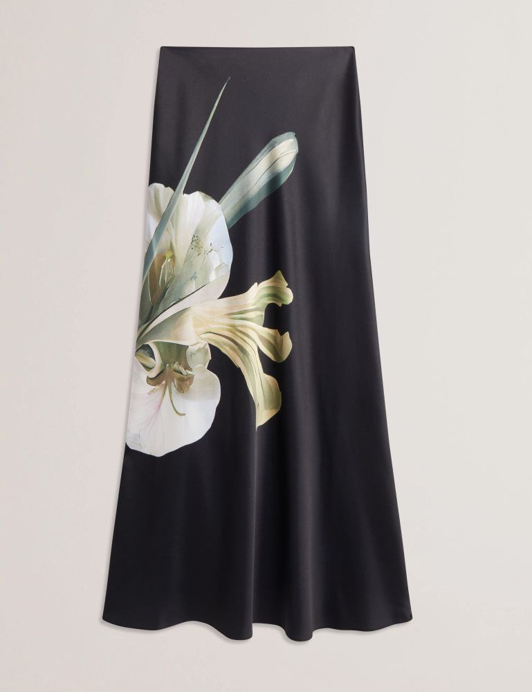 Ted Baker Zionna - Floral Print Detail Satin Maxi Skirt Noir | 157342-KIP