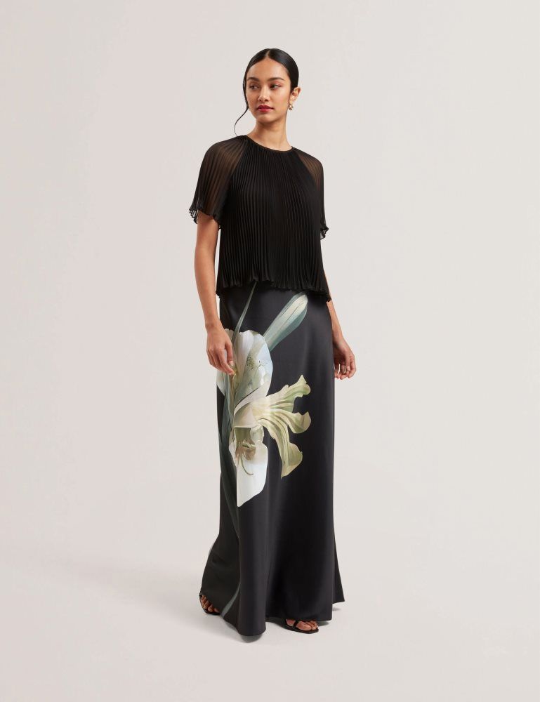 Ted Baker Zionna - Floral Print Detail Satin Maxi Skirt Noir | 157342-KIP